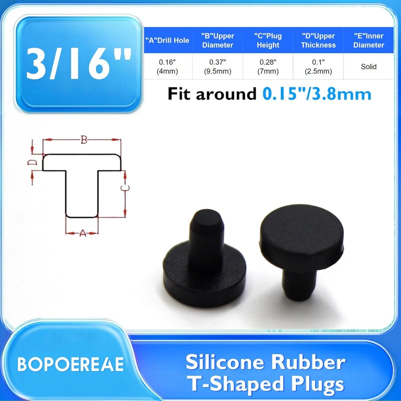BOPOREAE 35 Pcs 4 mm/0.16 in Silicone Rubber Plug for Small Round Holes, Waterproof T Type Rubber Stoppers, Soft Flexible Seal Button Plugs Tube Pipe End Caps Inserts Bathtub Jet Covers, Black - Image 2